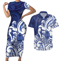 Guam Chief Kepuha Couples Matching Short Sleeve Bodycon Dress and Hawaiian Shirt Chamorro Pride LT05 Blue - Polynesian Pride