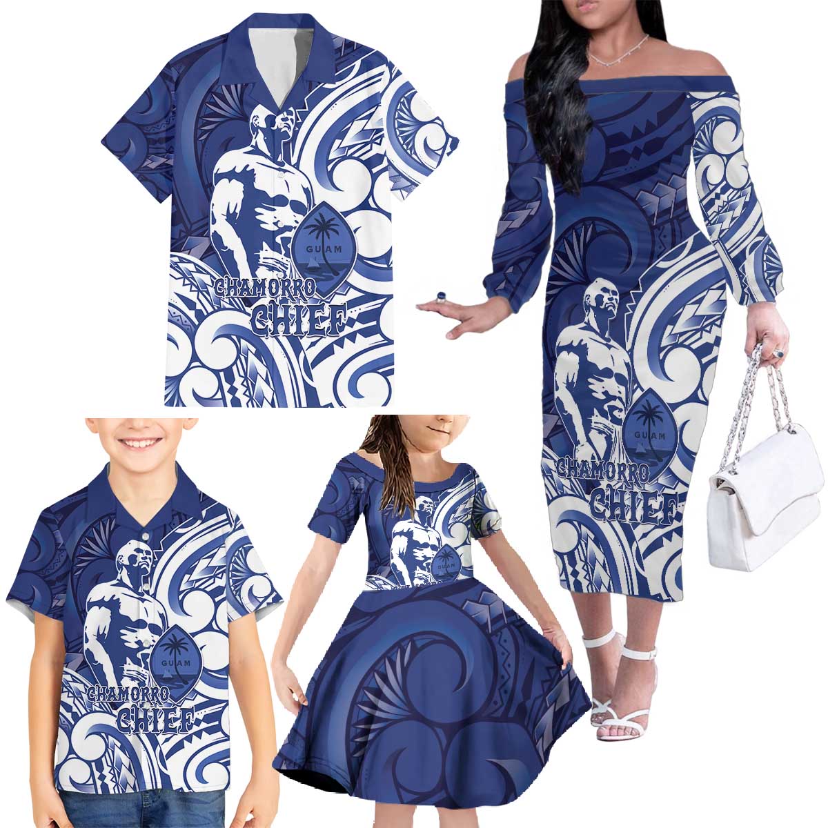 Guam Chief Kepuha Family Matching Off The Shoulder Long Sleeve Dress and Hawaiian Shirt Chamorro Pride LT05 - Polynesian Pride