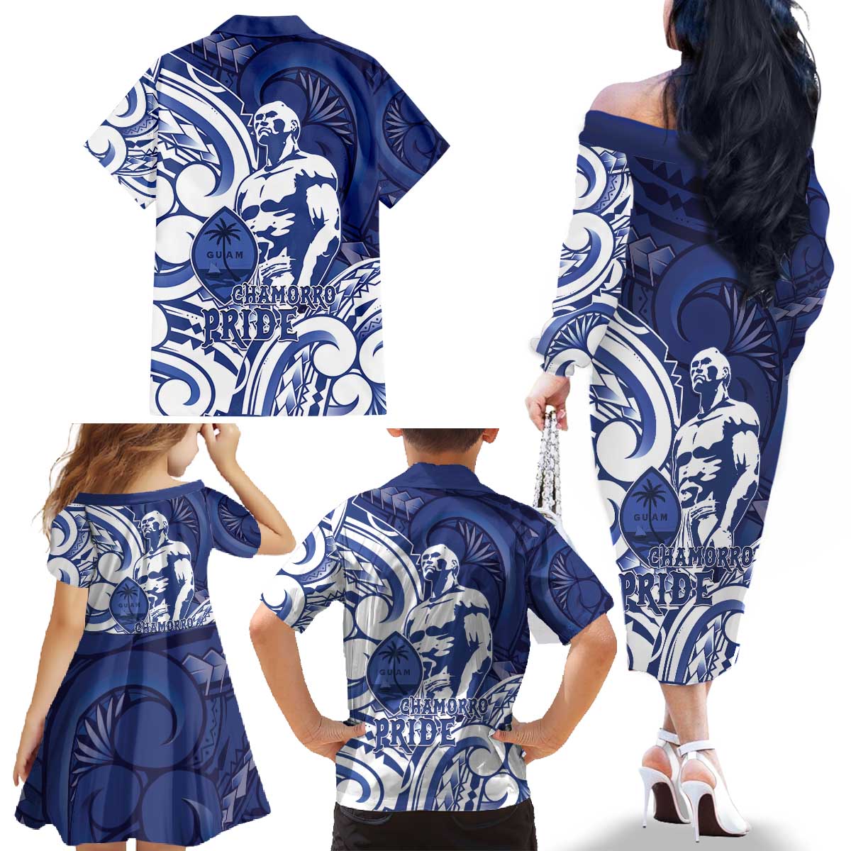 Guam Chief Kepuha Family Matching Off The Shoulder Long Sleeve Dress and Hawaiian Shirt Chamorro Pride LT05 - Polynesian Pride