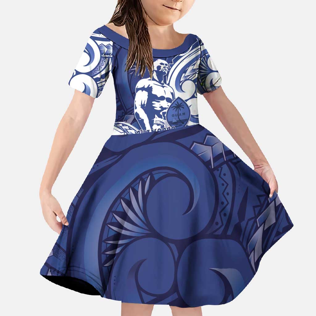 Guam Chief Kepuha Family Matching Off Shoulder Maxi Dress and Hawaiian Shirt Chamorro Pride LT05 Daughter's Dress Blue - Polynesian Pride