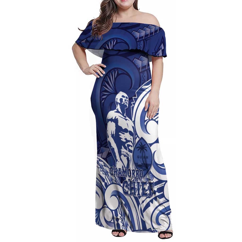 Guam Chief Kepuha Family Matching Off Shoulder Maxi Dress and Hawaiian Shirt Chamorro Pride LT05 Mom's Dress Blue - Polynesian Pride