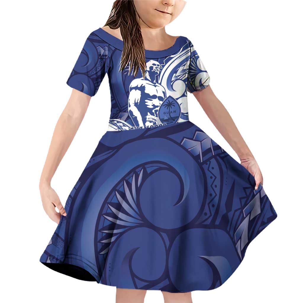 Guam Chief Kepuha Family Matching Off Shoulder Short Dress and Hawaiian Shirt Chamorro Pride LT05 Daughter's Dress Blue - Polynesian Pride