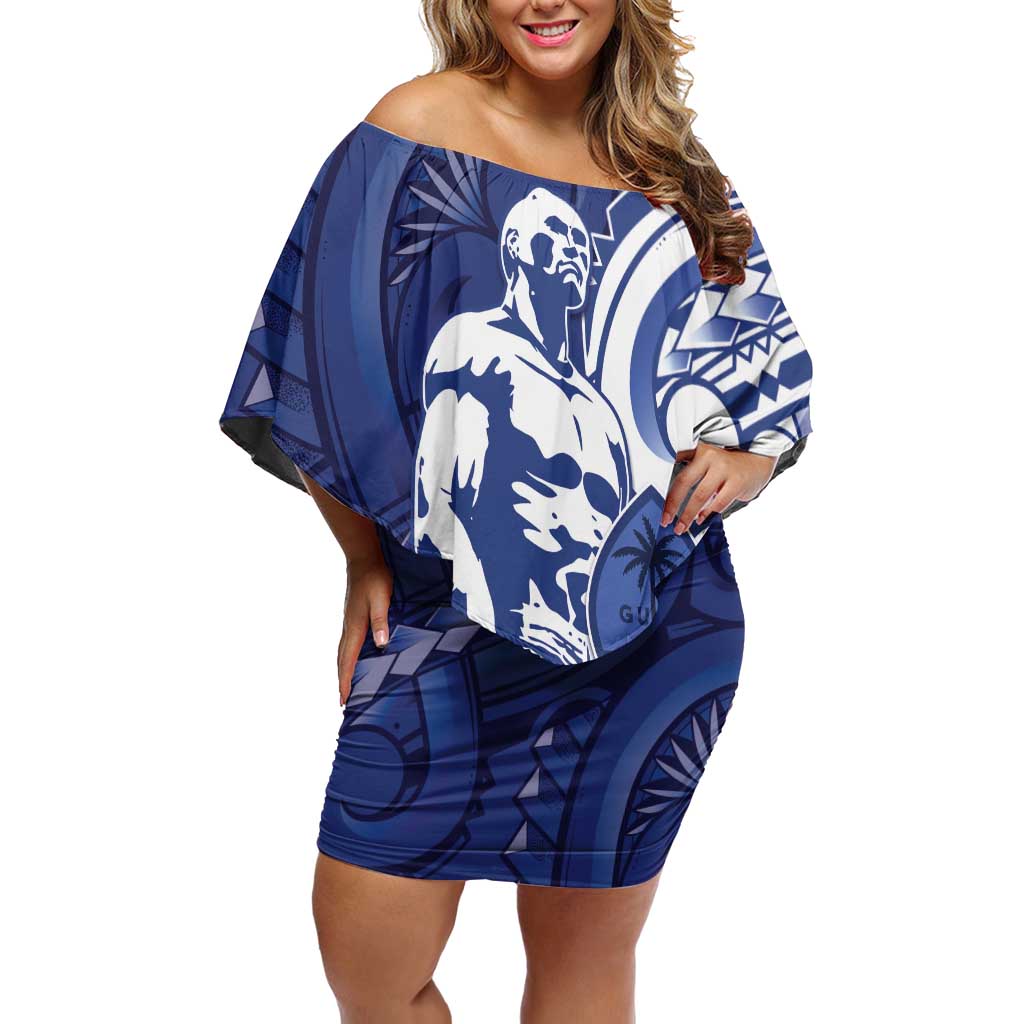 Guam Chief Kepuha Family Matching Off Shoulder Short Dress and Hawaiian Shirt Chamorro Pride LT05 Mom's Dress Blue - Polynesian Pride