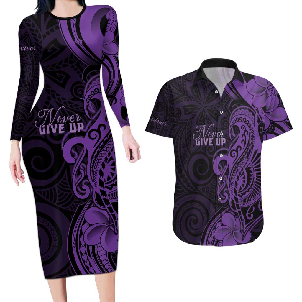 Personalised Lupus Warrior Couples Matching Long Sleeve Bodycon Dress and Hawaiian Shirt Never Give Up Polynesian Style LT05 Purple - Polynesian Pride