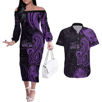 Personalised Lupus Warrior Couples Matching Off The Shoulder Long Sleeve Dress and Hawaiian Shirt Never Give Up Polynesian Style LT05 Purple - Polynesian Pride