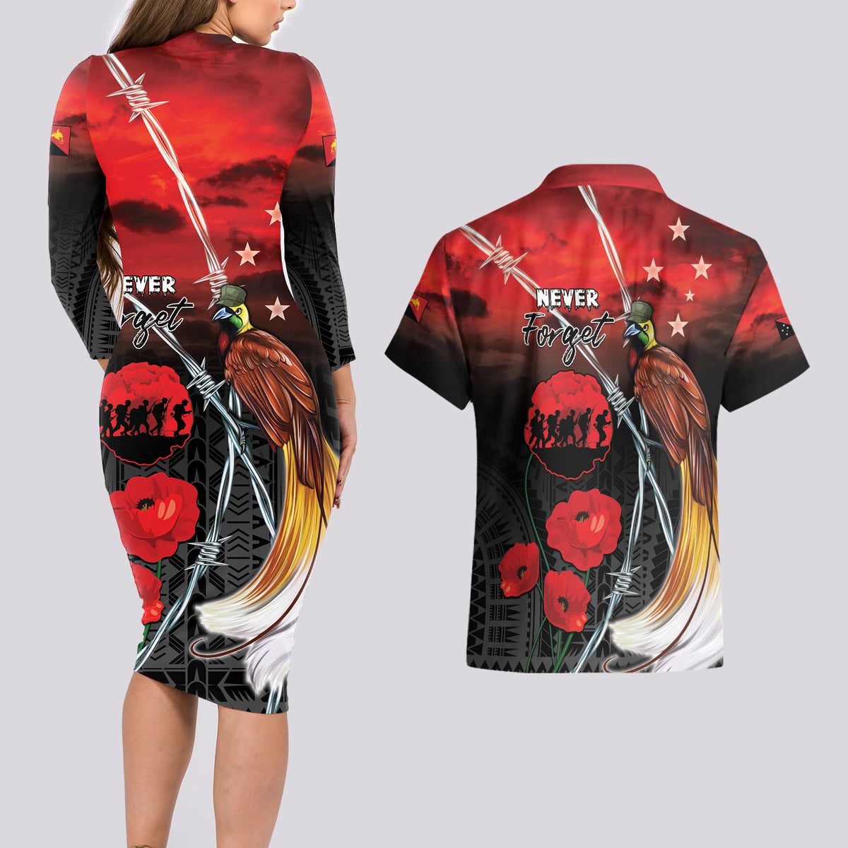 Papua New Guinea Remembrance Day Couples Matching Long Sleeve Bodycon Dress and Hawaiian Shirt Lest We Forget LT05 - Polynesian Pride