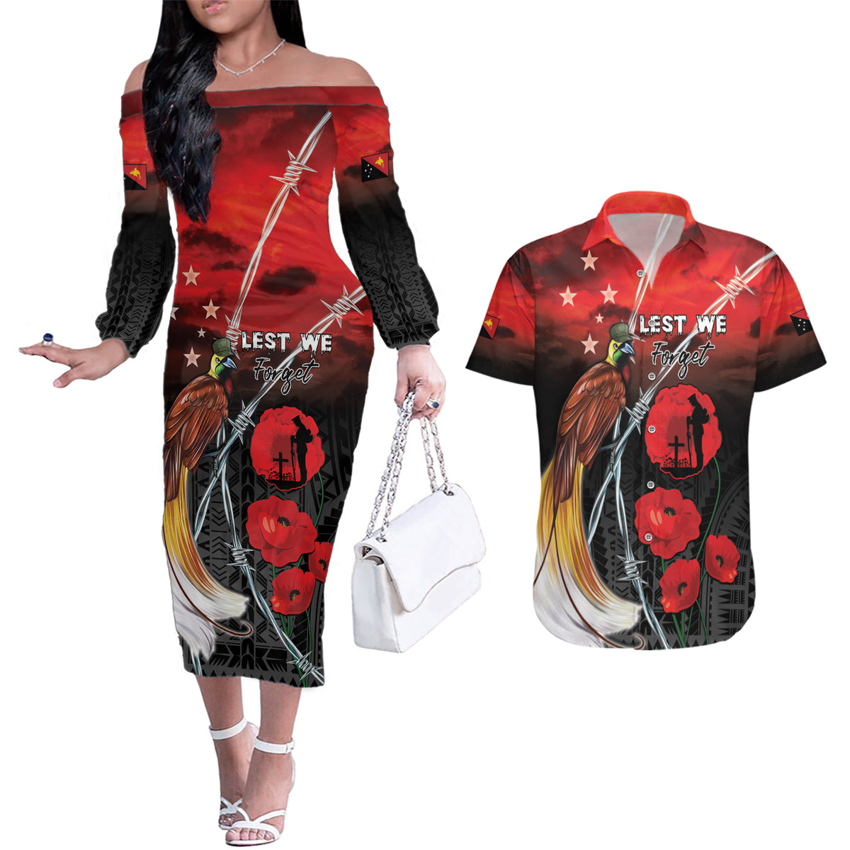 Papua New Guinea Remembrance Day Couples Matching Off The Shoulder Long Sleeve Dress and Hawaiian Shirt Lest We Forget LT05 Red - Polynesian Pride