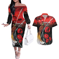 Papua New Guinea Remembrance Day Couples Matching Off The Shoulder Long Sleeve Dress and Hawaiian Shirt Lest We Forget LT05 Red - Polynesian Pride