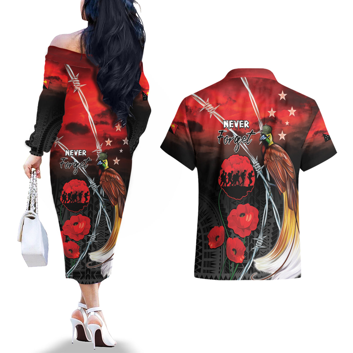 Papua New Guinea Remembrance Day Couples Matching Off The Shoulder Long Sleeve Dress and Hawaiian Shirt Lest We Forget LT05 - Polynesian Pride