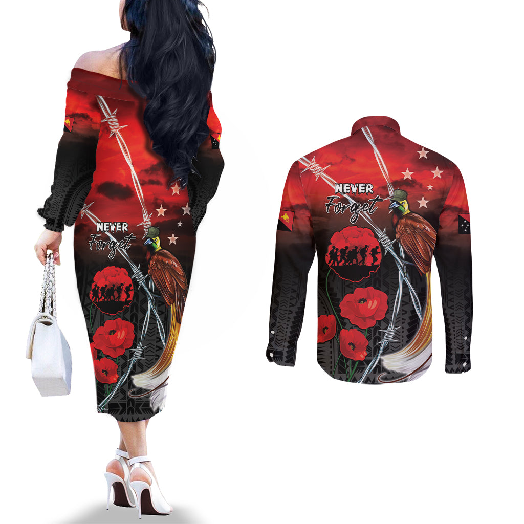 Papua New Guinea Remembrance Day Couples Matching Off The Shoulder Long Sleeve Dress and Long Sleeve Button Shirt Lest We Forget LT05 - Polynesian Pride