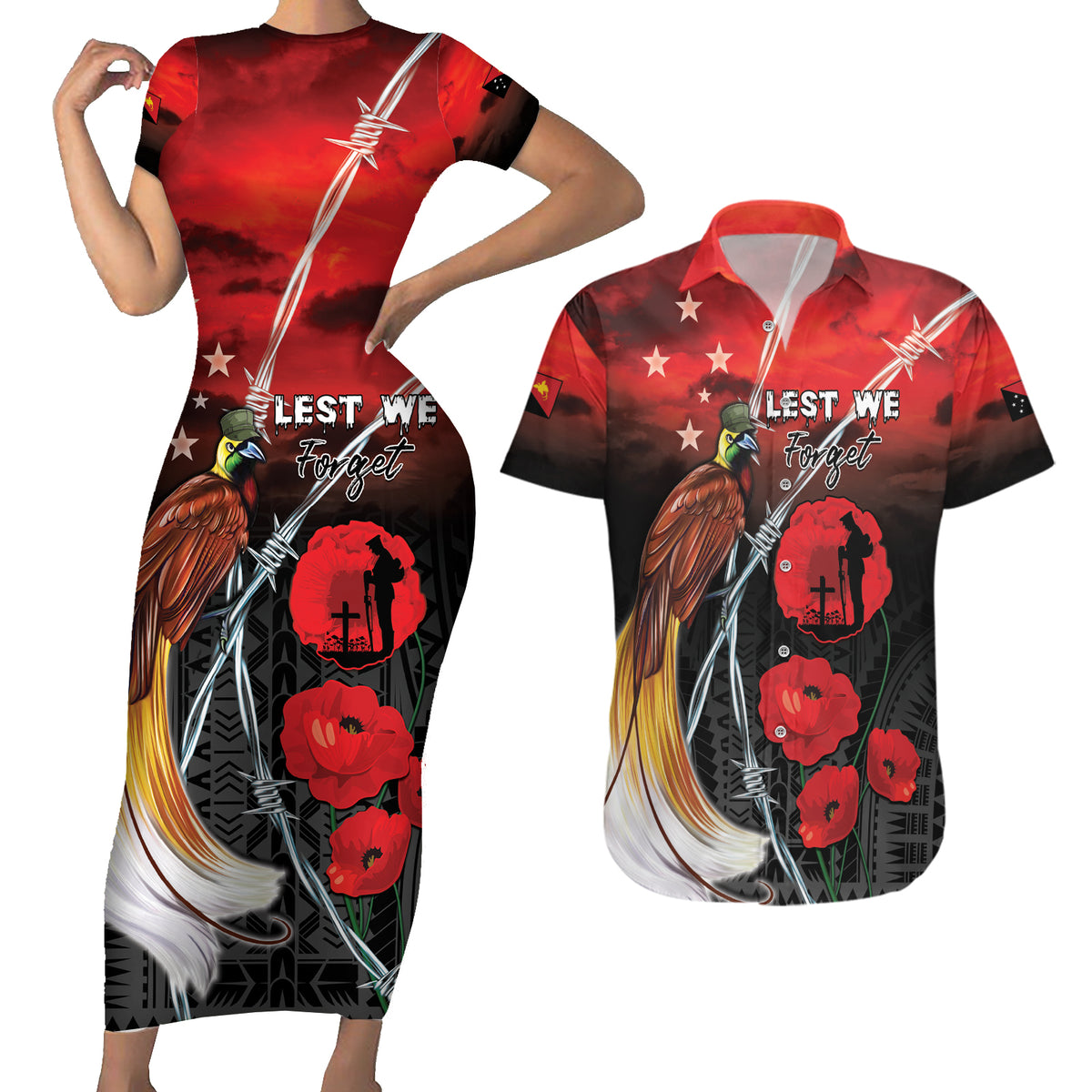 Papua New Guinea Remembrance Day Couples Matching Short Sleeve Bodycon Dress and Hawaiian Shirt Lest We Forget LT05 Red - Polynesian Pride