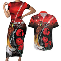 Papua New Guinea Remembrance Day Couples Matching Short Sleeve Bodycon Dress and Hawaiian Shirt Lest We Forget LT05 Red - Polynesian Pride