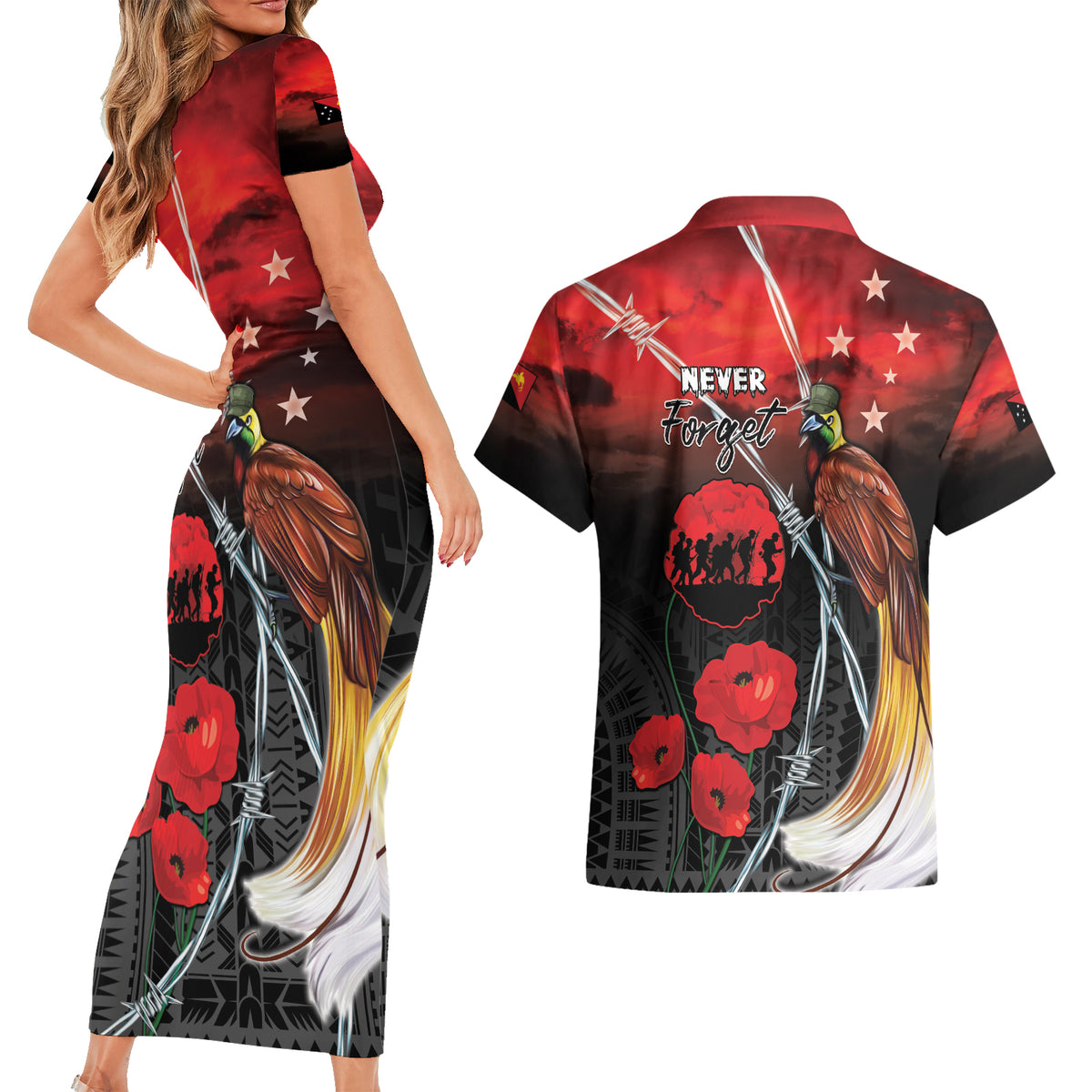 Papua New Guinea Remembrance Day Couples Matching Short Sleeve Bodycon Dress and Hawaiian Shirt Lest We Forget LT05 - Polynesian Pride