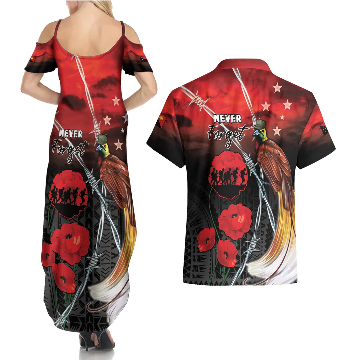 Papua New Guinea Remembrance Day Couples Matching Summer Maxi Dress and Hawaiian Shirt Lest We Forget