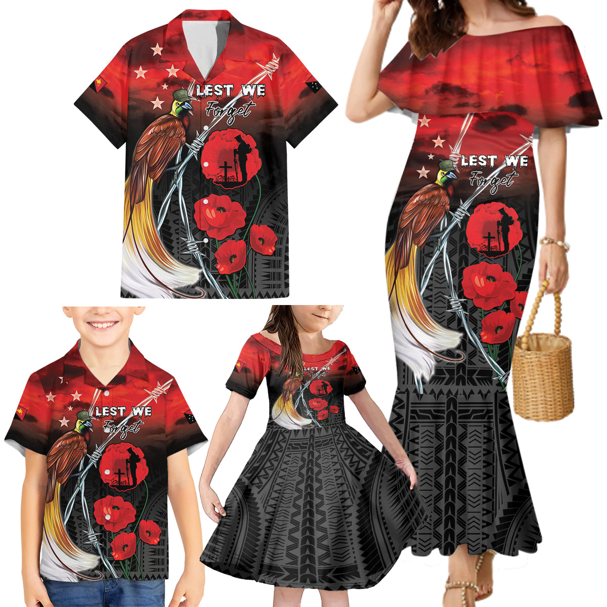 Papua New Guinea Remembrance Day Family Matching Mermaid Dress and Hawaiian Shirt Lest We Forget LT05 - Polynesian Pride