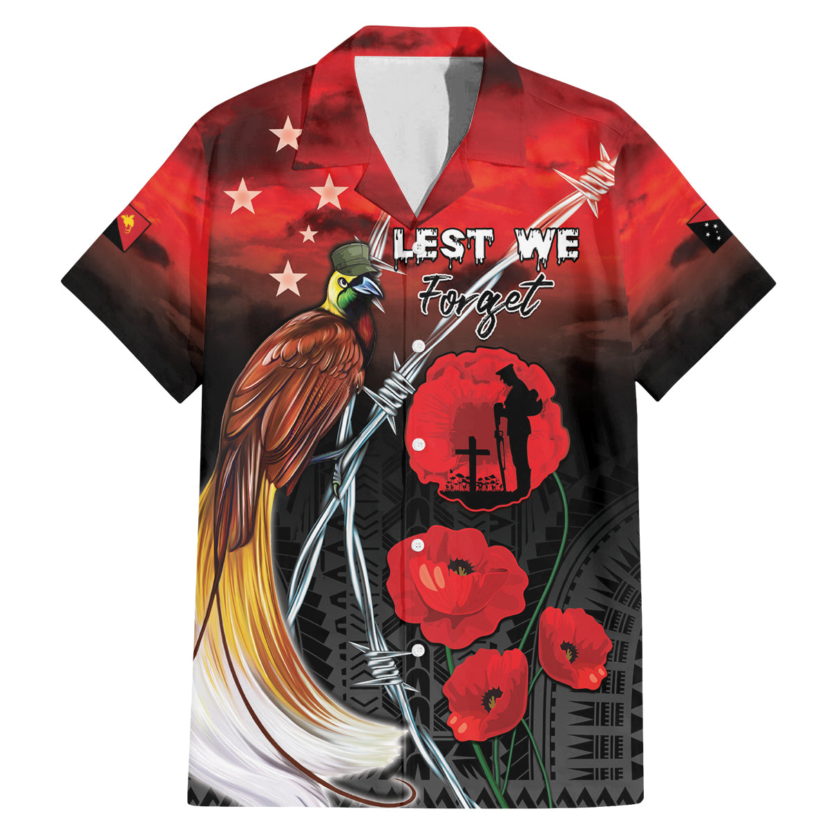 Papua New Guinea Remembrance Day Family Matching Mermaid Dress and Hawaiian Shirt Lest We Forget LT05 Dad's Shirt - Short Sleeve Red - Polynesian Pride
