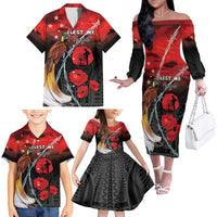 Papua New Guinea Remembrance Day Family Matching Off The Shoulder Long Sleeve Dress and Hawaiian Shirt Lest We Forget LT05 - Polynesian Pride