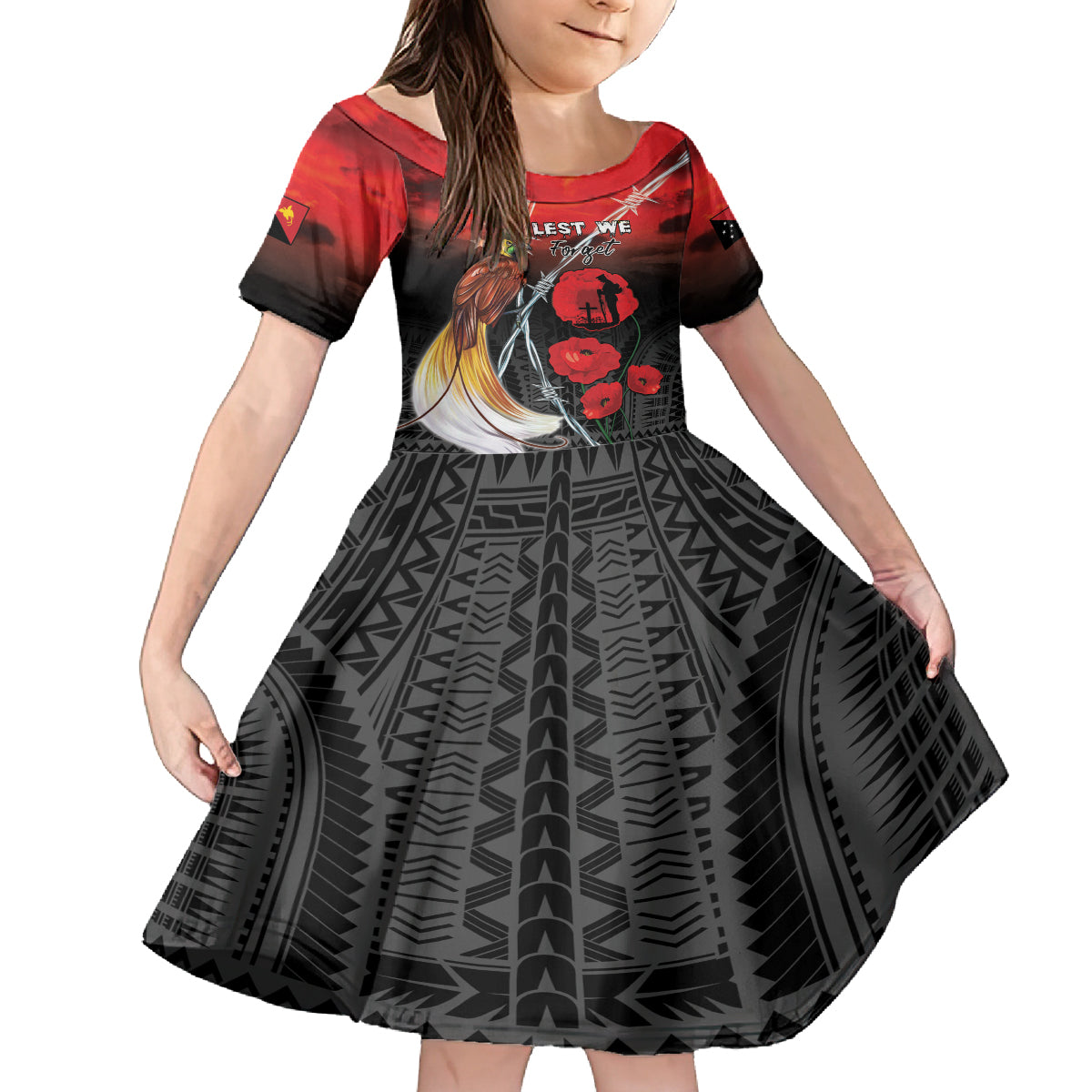 Papua New Guinea Remembrance Day Family Matching Off Shoulder Maxi Dress and Hawaiian Shirt Lest We Forget LT05 Daughter's Dress Red - Polynesian Pride