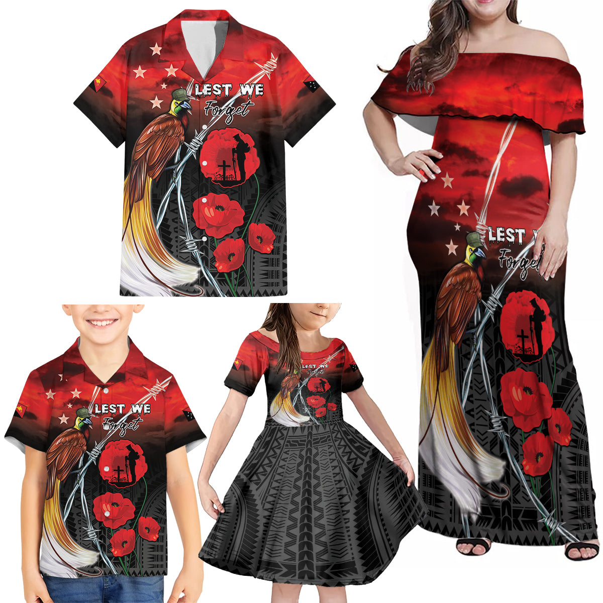Papua New Guinea Remembrance Day Family Matching Off Shoulder Maxi Dress and Hawaiian Shirt Lest We Forget LT05 - Polynesian Pride