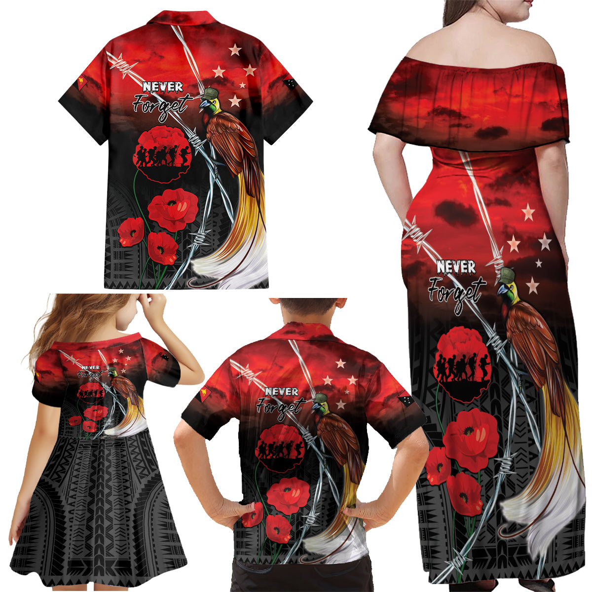 Papua New Guinea Remembrance Day Family Matching Off Shoulder Maxi Dress and Hawaiian Shirt Lest We Forget LT05 - Polynesian Pride