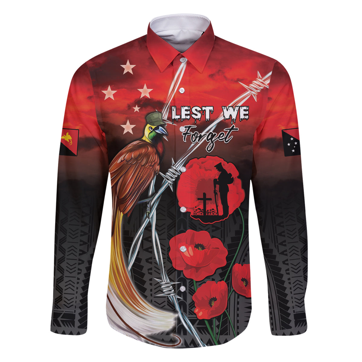 Papua New Guinea Remembrance Day Family Matching Off Shoulder Maxi Dress and Hawaiian Shirt Lest We Forget LT05 Dad's Shirt - Long Sleeve Red - Polynesian Pride