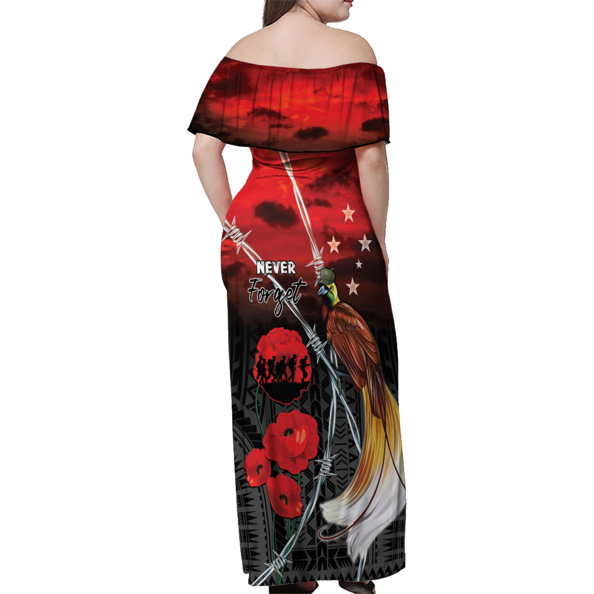 Papua New Guinea Remembrance Day Family Matching Off Shoulder Maxi Dress and Hawaiian Shirt Lest We Forget LT05 - Polynesian Pride
