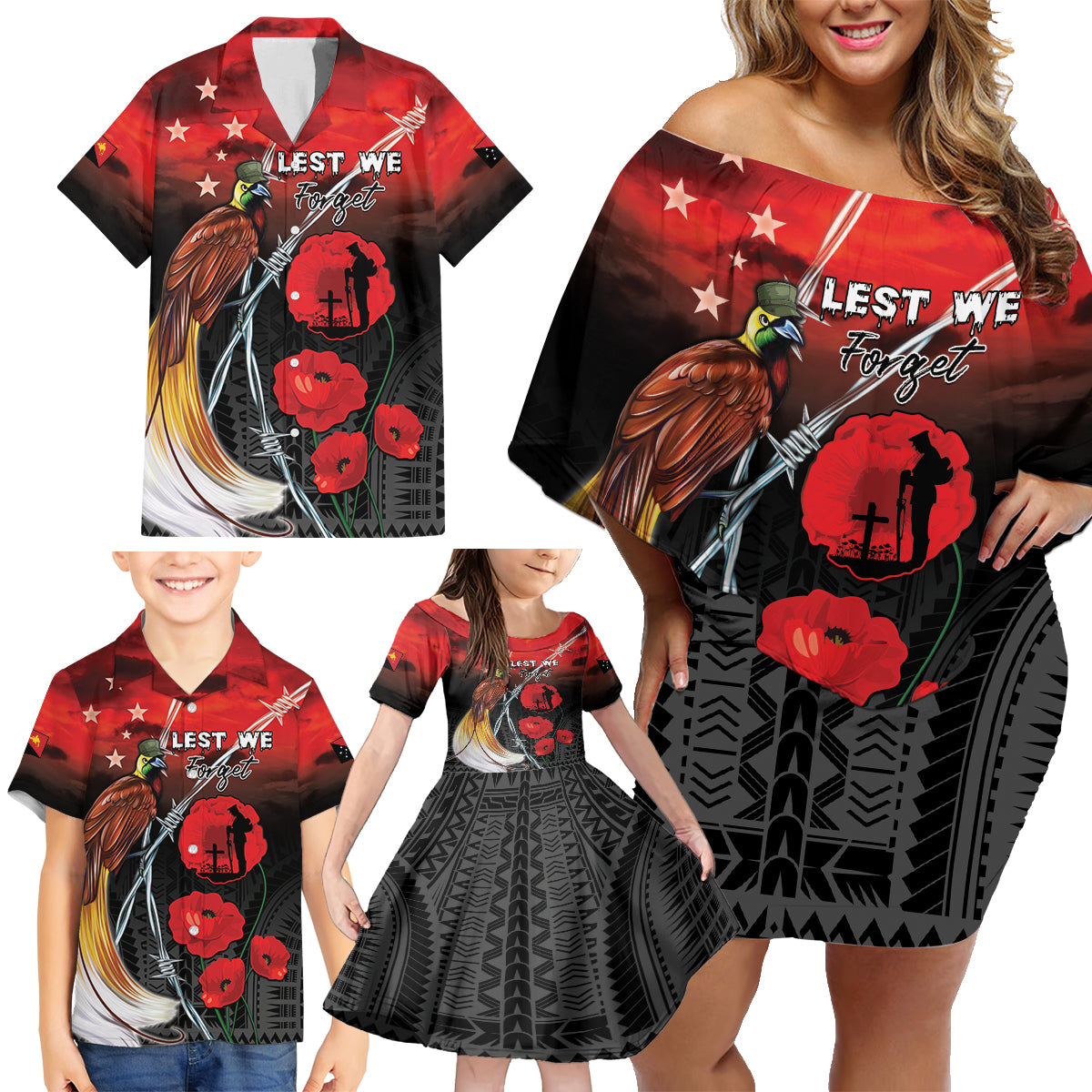 Papua New Guinea Remembrance Day Family Matching Off Shoulder Short Dress and Hawaiian Shirt Lest We Forget LT05 - Polynesian Pride