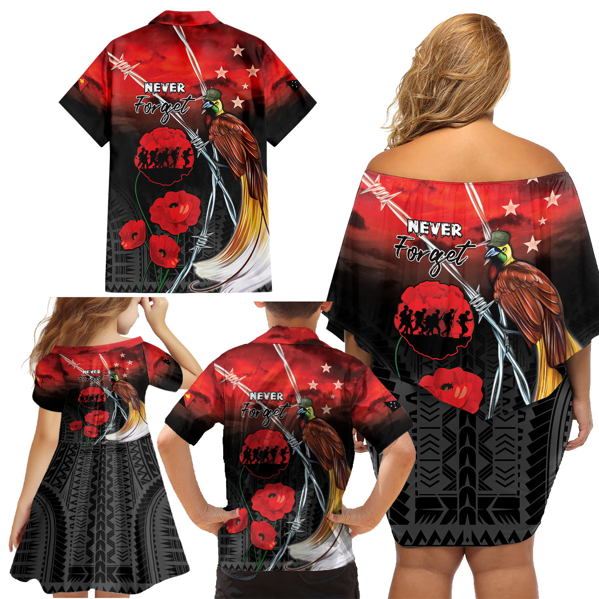 Papua New Guinea Remembrance Day Family Matching Off Shoulder Short Dress and Hawaiian Shirt Lest We Forget LT05 - Polynesian Pride