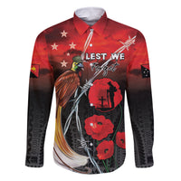 Papua New Guinea Remembrance Day Family Matching Off Shoulder Short Dress and Hawaiian Shirt Lest We Forget LT05 Dad's Shirt - Long Sleeve Red - Polynesian Pride