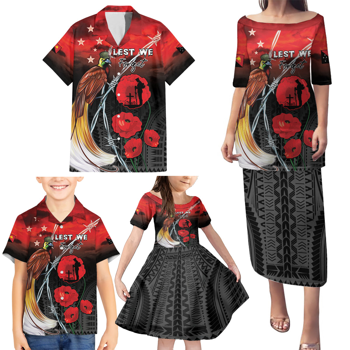 Papua New Guinea Remembrance Day Family Matching Puletasi and Hawaiian Shirt Lest We Forget LT05 - Polynesian Pride