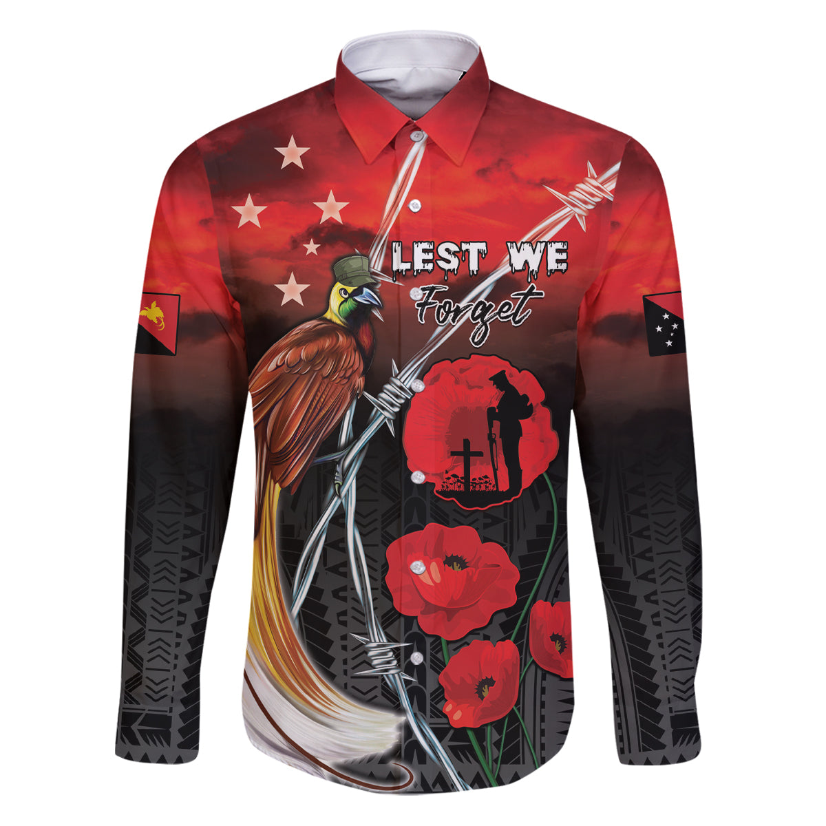 Papua New Guinea Remembrance Day Family Matching Puletasi and Hawaiian Shirt Lest We Forget LT05 Dad's Shirt - Long Sleeve Red - Polynesian Pride