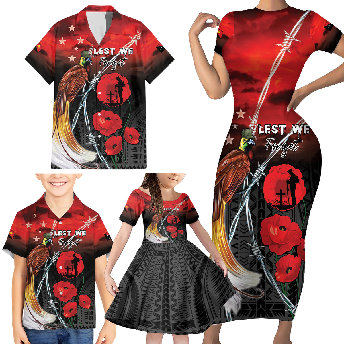 Papua New Guinea Remembrance Day Family Matching Short Sleeve Bodycon Dress and Hawaiian Shirt Lest We Forget LT05 - Polynesian Pride