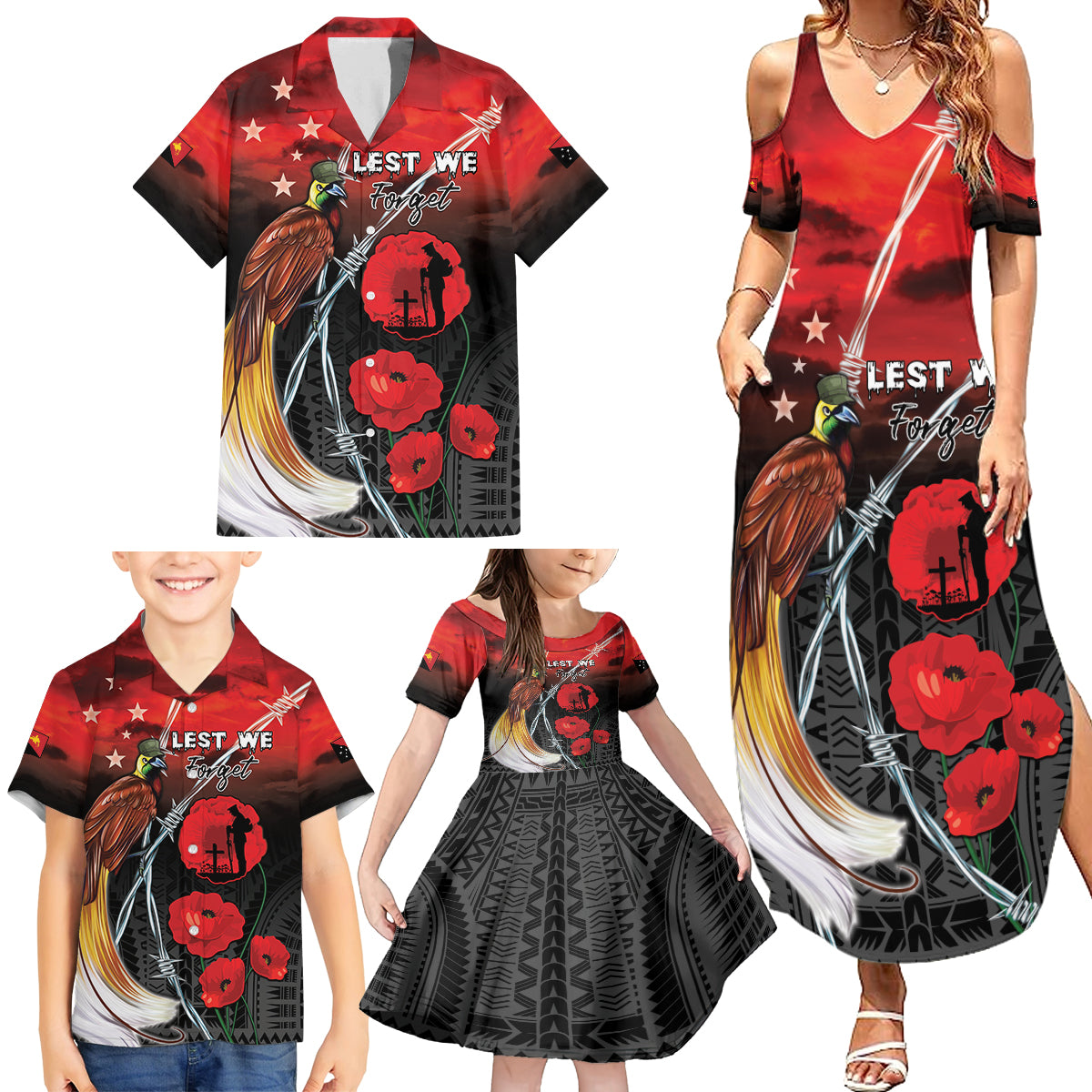 Papua New Guinea Remembrance Day Family Matching Summer Maxi Dress and Hawaiian Shirt Lest We Forget LT05 - Polynesian Pride