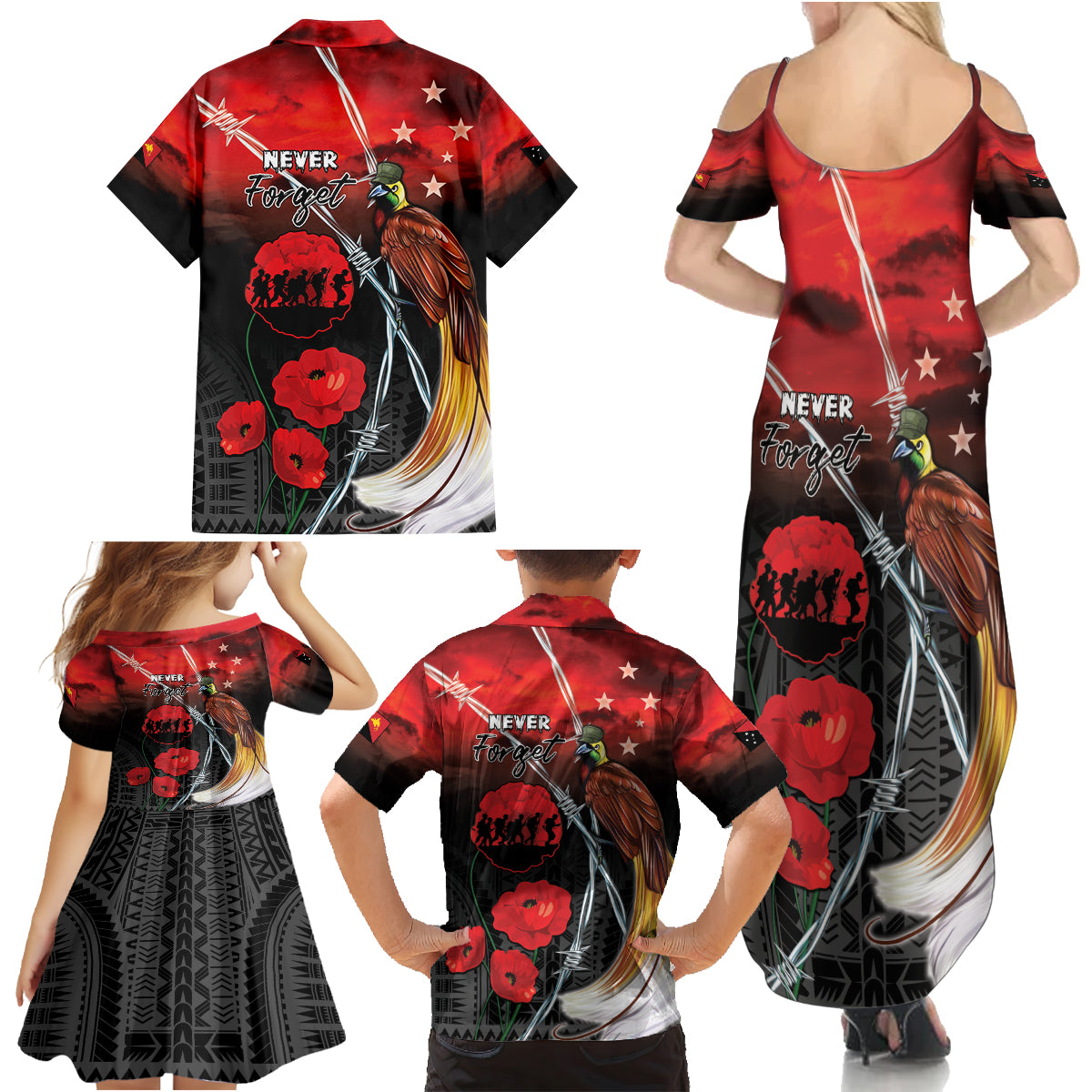 Papua New Guinea Remembrance Day Family Matching Summer Maxi Dress and Hawaiian Shirt Lest We Forget LT05 - Polynesian Pride