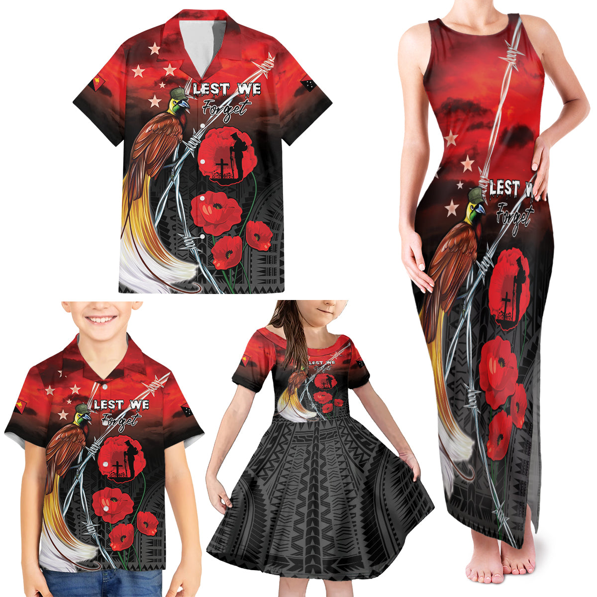 Papua New Guinea Remembrance Day Family Matching Tank Maxi Dress and Hawaiian Shirt Lest We Forget LT05 - Polynesian Pride