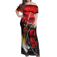 Papua New Guinea Remembrance Day Off Shoulder Maxi Dress Lest We Forget LT05 Women Red - Polynesian Pride