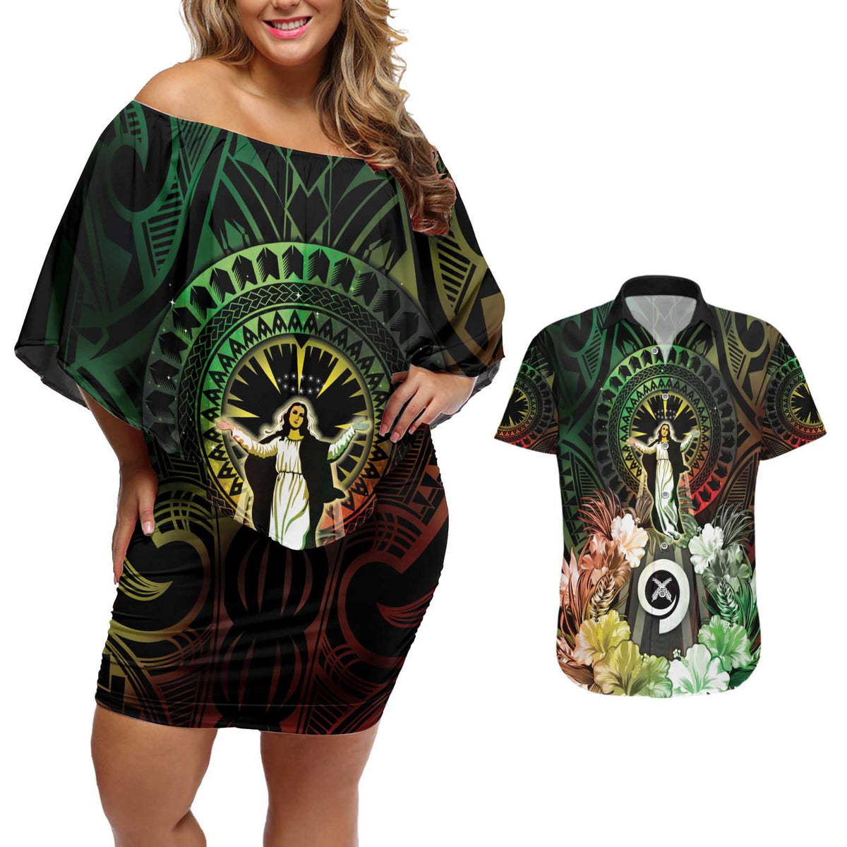 Vanuatu Happy Assumption Day Couples Matching Off Shoulder Short Dress and Hawaiian Shirt LT05 Reggae - Polynesian Pride