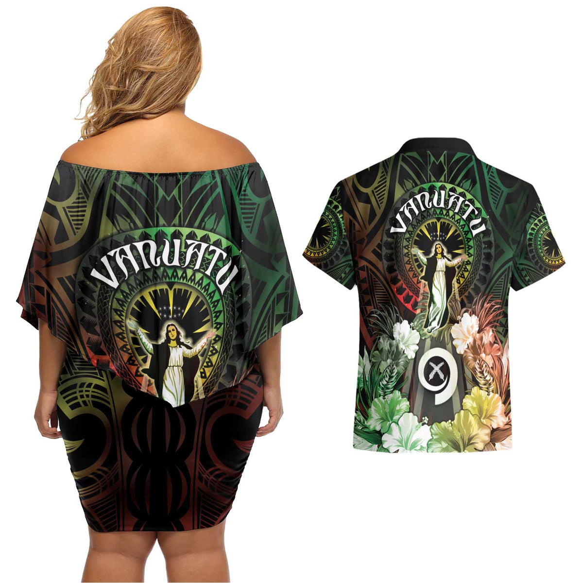 Vanuatu Happy Assumption Day Couples Matching Off Shoulder Short Dress and Hawaiian Shirt LT05 - Polynesian Pride