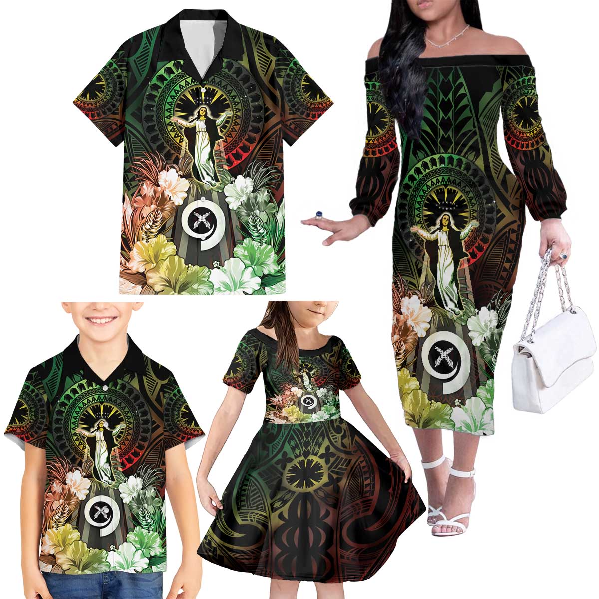 Vanuatu Happy Assumption Day Family Matching Off The Shoulder Long Sleeve Dress and Hawaiian Shirt LT05 - Polynesian Pride