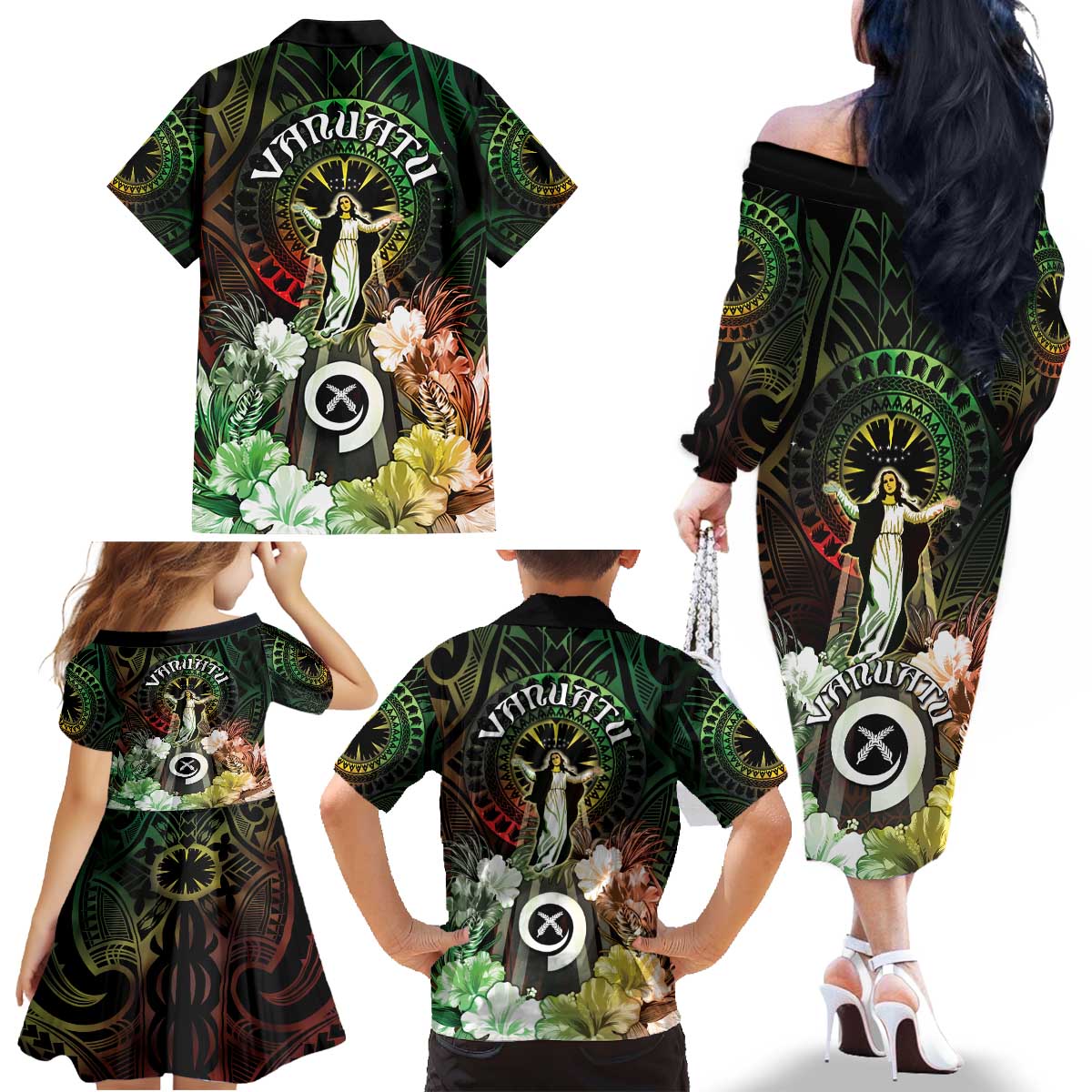 Vanuatu Happy Assumption Day Family Matching Off The Shoulder Long Sleeve Dress and Hawaiian Shirt LT05 - Polynesian Pride