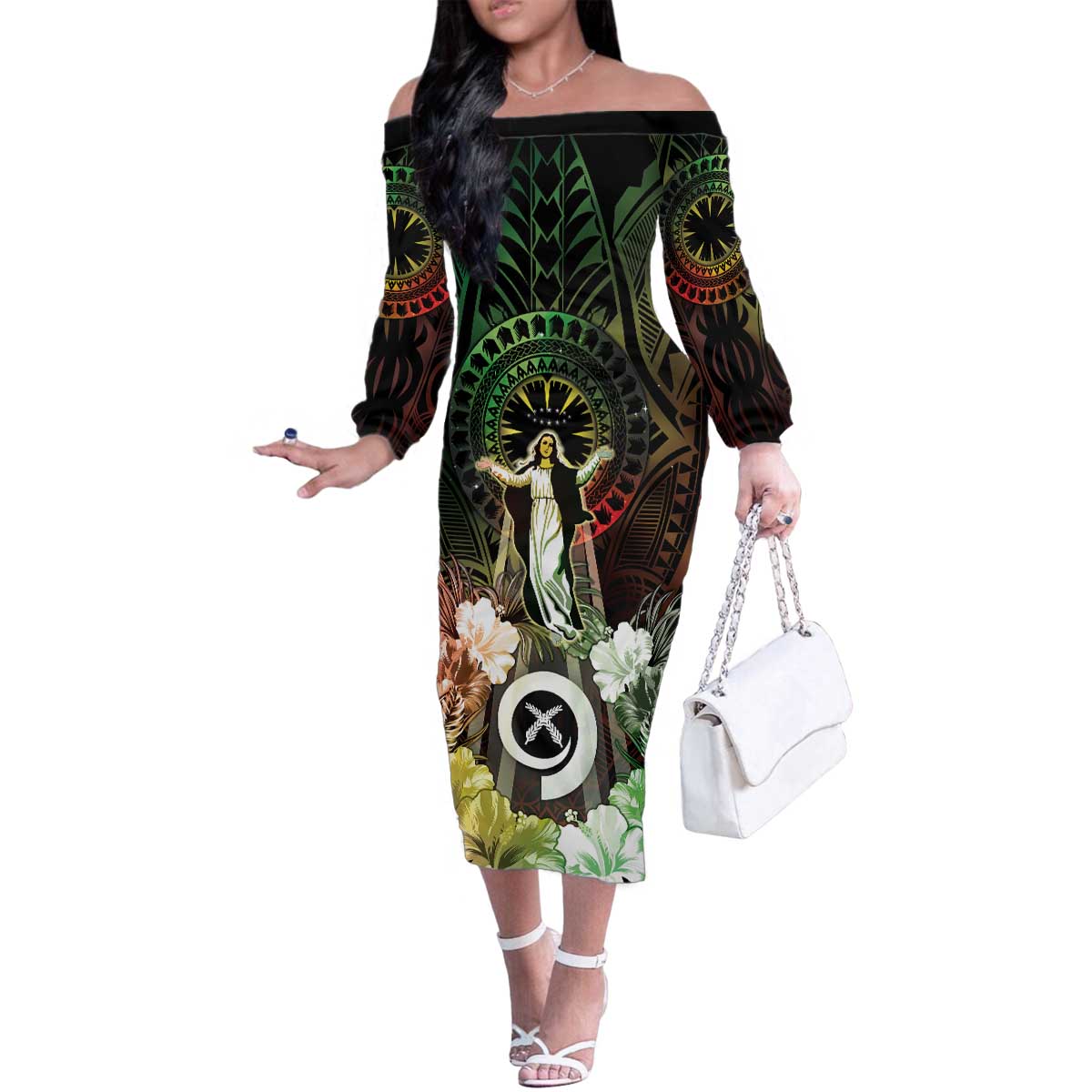 Vanuatu Happy Assumption Day Family Matching Off The Shoulder Long Sleeve Dress and Hawaiian Shirt LT05 Mom's Dress Reggae - Polynesian Pride
