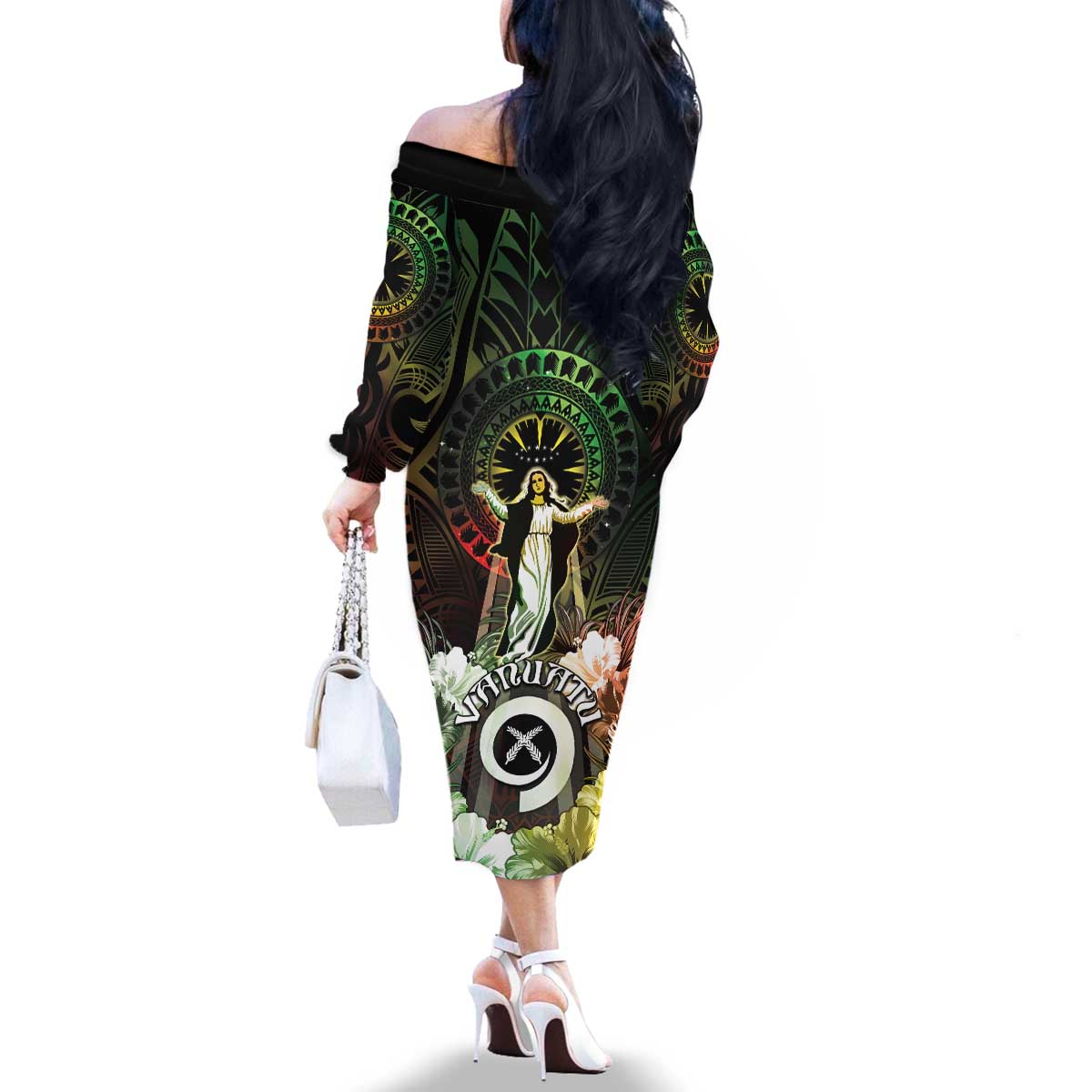Vanuatu Happy Assumption Day Family Matching Off The Shoulder Long Sleeve Dress and Hawaiian Shirt LT05 - Polynesian Pride