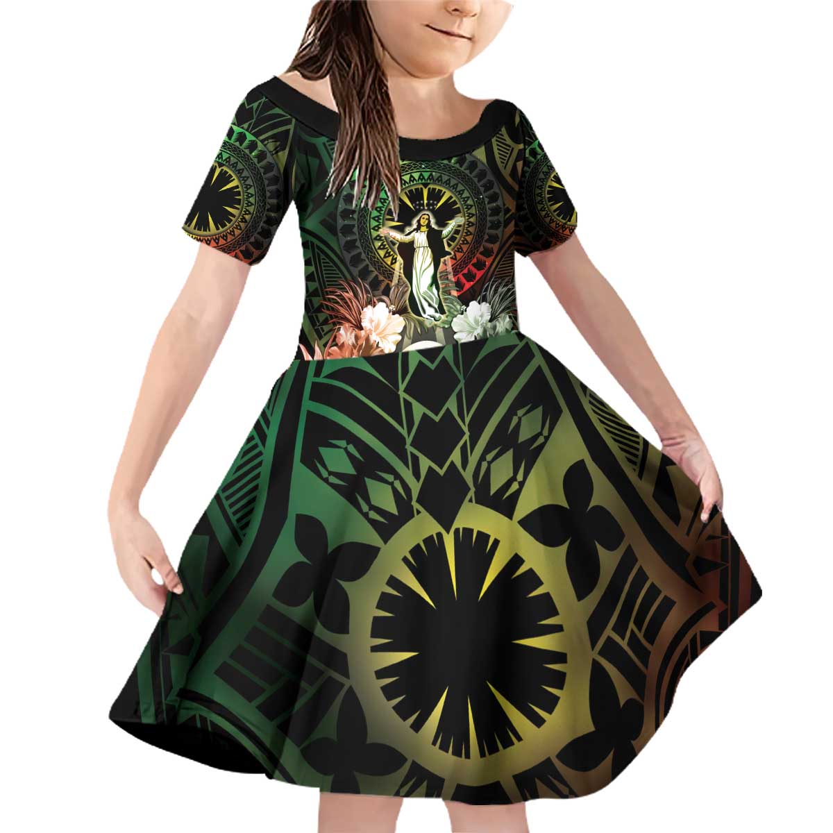Vanuatu Happy Assumption Day Family Matching Off Shoulder Short Dress and Hawaiian Shirt LT05 Daughter's Dress Reggae - Polynesian Pride