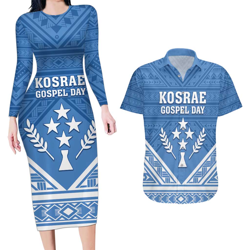 Personalised Kosrae State Gospel Day Couples Matching Long Sleeve Bodycon Dress and Hawaiian Shirt Simple Style LT05 Blue - Polynesian Pride