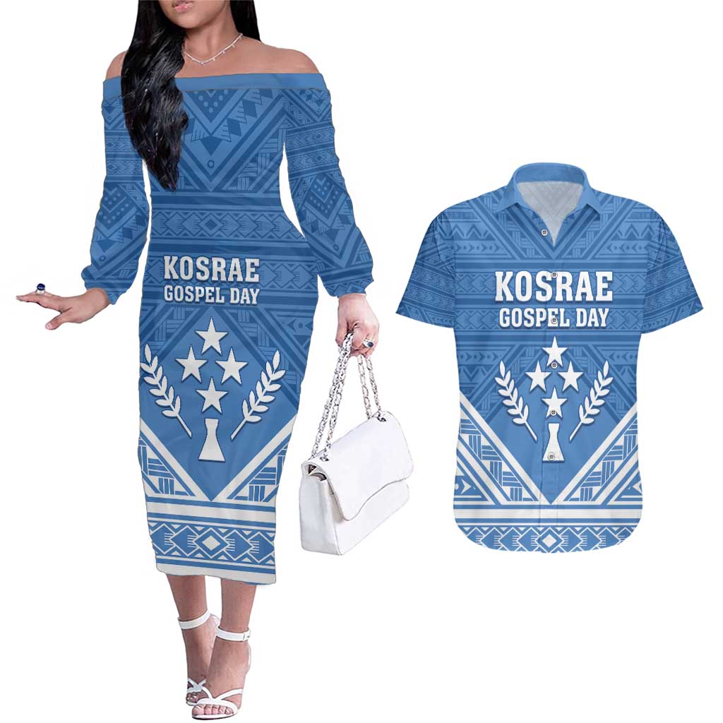 Personalised Kosrae State Gospel Day Couples Matching Off The Shoulder Long Sleeve Dress and Hawaiian Shirt Simple Style LT05 Blue - Polynesian Pride