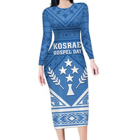 Personalised Kosrae State Gospel Day Family Matching Long Sleeve Bodycon Dress and Hawaiian Shirt Simple Style LT05 Mom's Dress Blue - Polynesian Pride