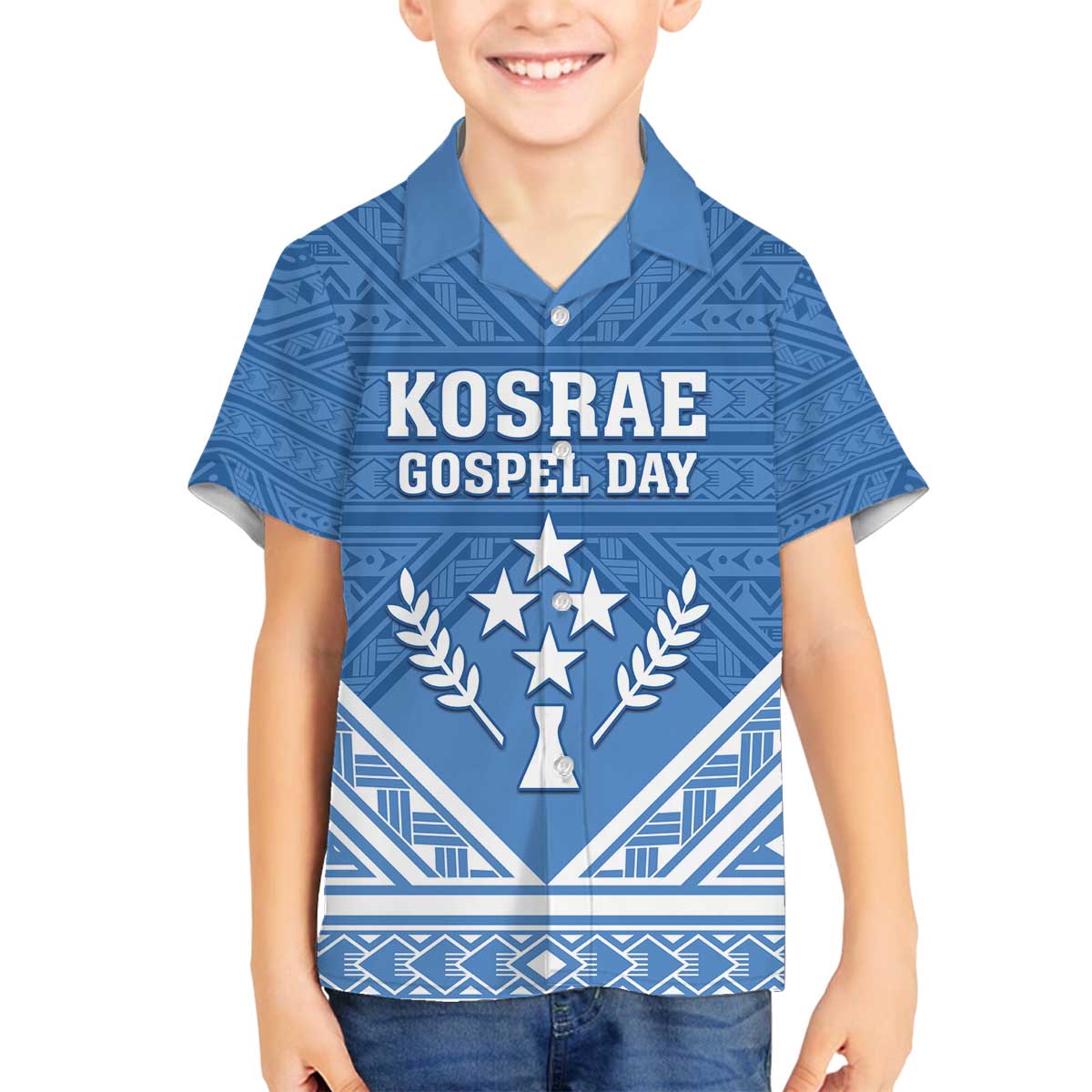Personalised Kosrae State Gospel Day Family Matching Off The Shoulder Long Sleeve Dress and Hawaiian Shirt Simple Style LT05 Son's Shirt Blue - Polynesian Pride