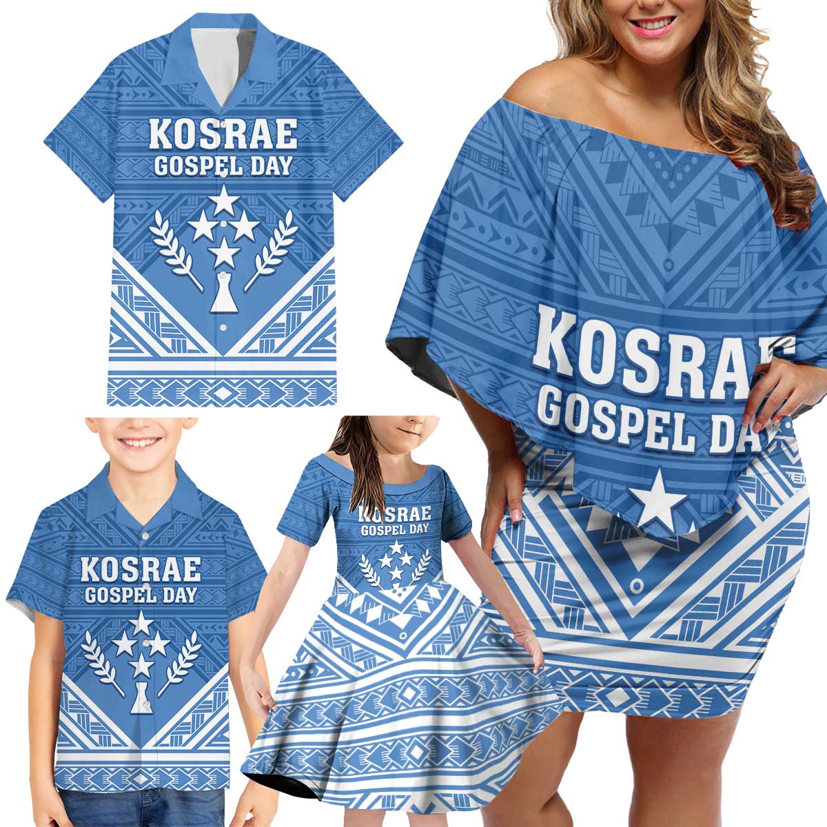 Personalised Kosrae State Gospel Day Family Matching Off Shoulder Short Dress and Hawaiian Shirt Simple Style LT05 - Polynesian Pride