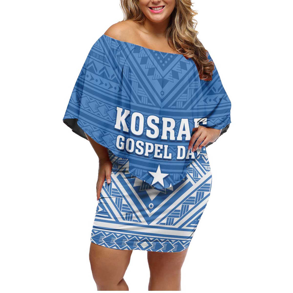 Personalised Kosrae State Gospel Day Family Matching Off Shoulder Short Dress and Hawaiian Shirt Simple Style LT05 Mom's Dress Blue - Polynesian Pride