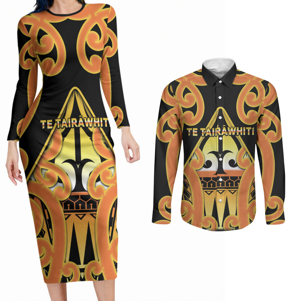 Personalised New Zealand Te Tairawhiti Couples Matching Long Sleeve Bodycon Dress and Long Sleeve Button Shirt Maori Koru Pattern LT05 Orange - Polynesian Pride